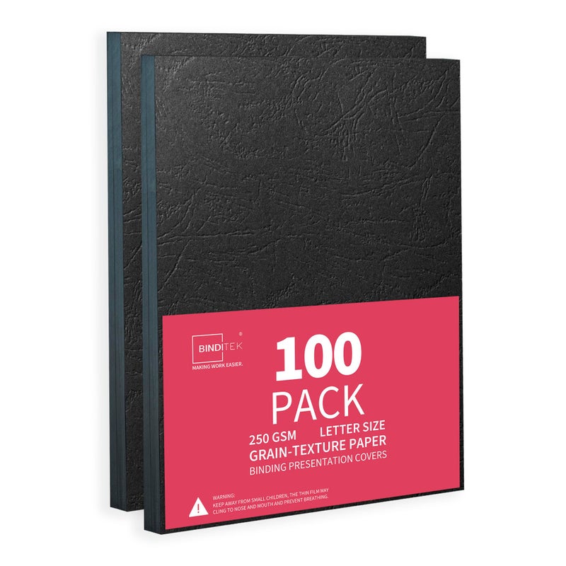 Binditek 100 Pack 13 Mil Grain-Texture Paper Binding Presentation Covers, 8-1/2 x 11 Inches, 90lb, 250 GSM, Un-Punched, Letter Size, Black, for Business Documents - Image 1